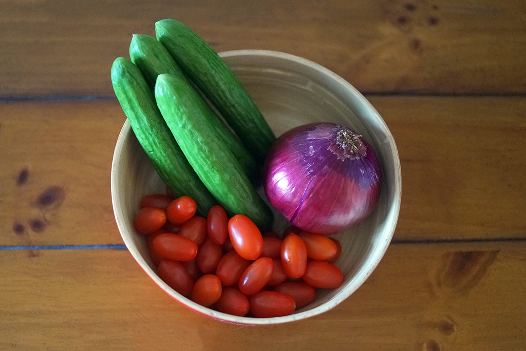 Cucumbers, Tomatoes, Red Onion